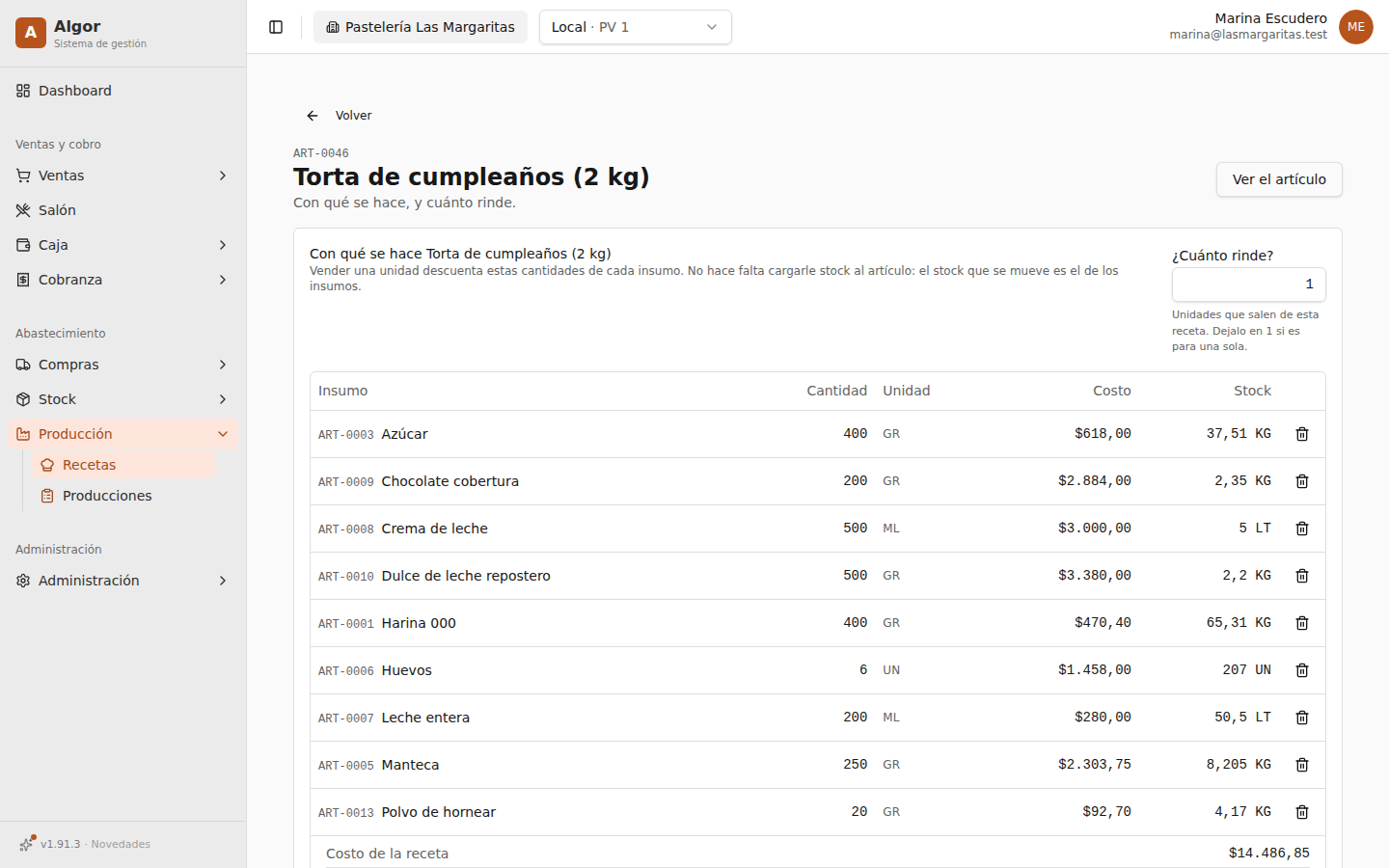 Receta de Algor: La receta de una torta de 2 kg: nueve insumos con cantidad, costo y stock, el rinde y el costo total.