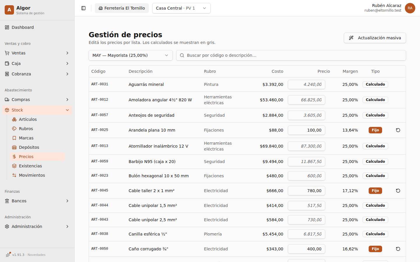 Gestión de precios de Algor: La lista Mayorista artículo por artículo: costo, precio, margen, y cuáles son fijos y cuáles calculados.