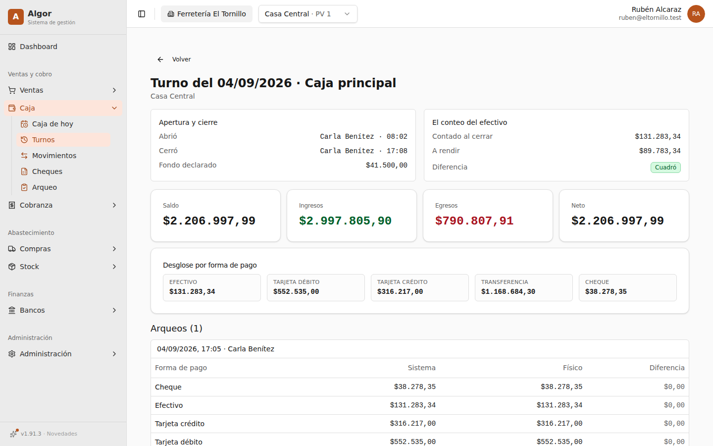 Turno de caja de Algor: Un turno cerrado: conteo del efectivo, desglose por forma de pago y arqueo.
